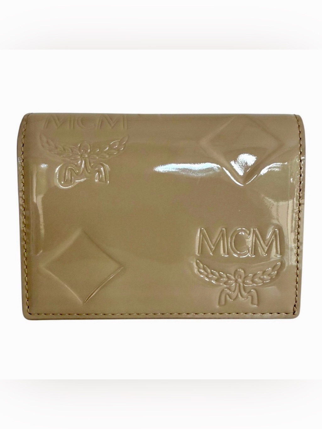 Mcm Nwot Mini Patent Leather Wallet Beige Embossed Logo CardHolder  Dust Bag